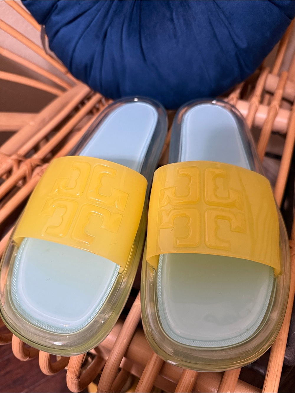 Tory Burch Yellow Slide Sandals with Light Blue Footbed
